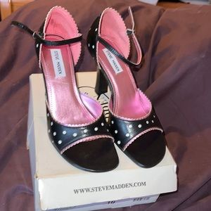 Steve Madden "Tastey" Black Satin Polka Dot Sandals
